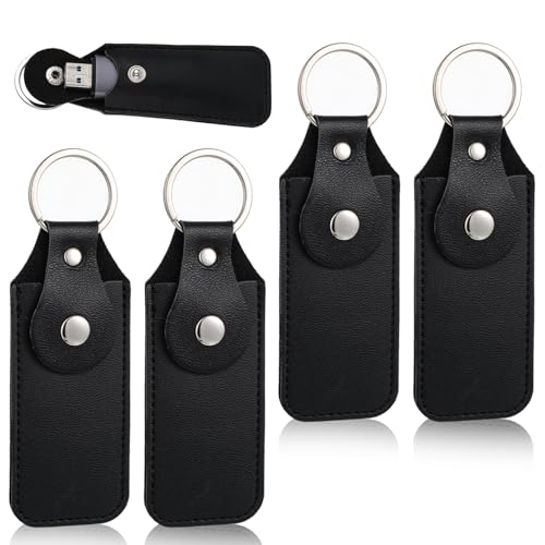 4 Pcs Flash Drive Case, Leather Anti Lost Thumb USB Flash Drive Holder USB Storage Cases Protective Cover Small Portable Storage Carrying Case with Keychain (Black)