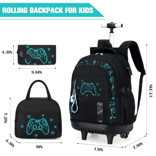 ACESAK Rolling Backpack for Boys, Kids Backpack with Wheels Portable with Insulated Lunch Box & Pencil Case, Multi-Pocket Roller Backpack for Preschool Kindergarten Kids Boys Travel(Black Game) - color: Black Game