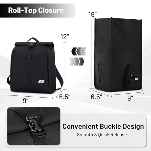 MIER Insulated Lunch Bag Roll Top Lunchbox for Women Men Adults Foldable Rolltop Lunch Tote with Shoulder Strap for Work Office Picnic, Water Bottle Holder, Black - color: Black