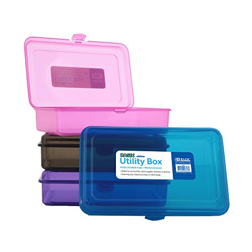 BAZIC PRODUCTS Basix Multipurpose Utility Box, for Desk Office School, Set of 4 | snap-latch lid for pens, tools, crafts, supplies - color: Assorted Colors, size: 4-Pack
