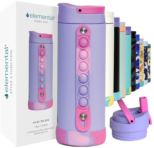Elemental Iconic Kids Water Bottle for School - 100% Leak-Proof Insulated Water Bottles with Straw Lid & Pop-It Handle for Boys & Girls - Triple-Wall Insulated & BPA-Free, 14oz – Lilac Tie Dye - color: Lilac Tie Dye, size: 14 Ounces