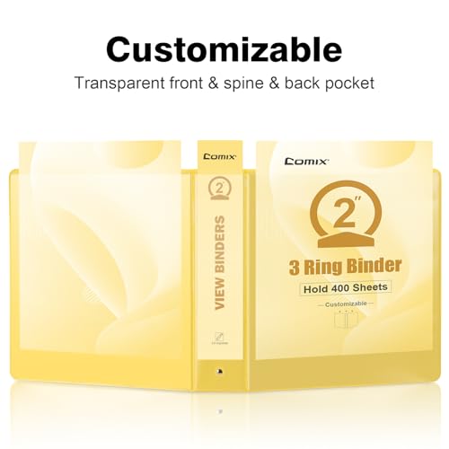 COMIX Standard 3 Ring Binder 2 inch with Clear View Cover, 2" Round Ring View Binder Holds 400 Sheets of US Letter Size Paper, 6 Pack (Lemon Yellow) - color: Lemon Yellow, size: 2 inch