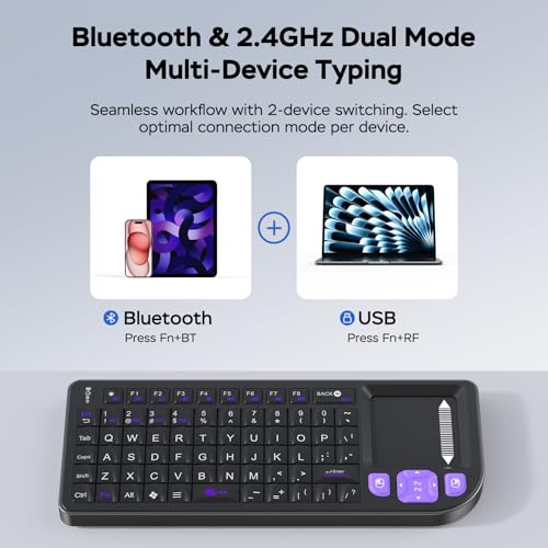 K809 Mini Wireless Keyboard with Touchpad, 2.4G + Bluetooth Dual Mode. Aluminum Frame, Rechargeable and Compact for iPad, Mac, Windows & Android. Ideal for Travel, Office and Home Use (Black). - color: black