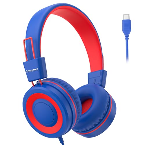 Cowyawn USB Type C Kids Headphones for School, Wired Toddler Headphones, 94dB Volume Limited, HD Stereo Sound, Foldable Lightweight On-Ear Wired Headphones for Kids/Children/Teens/Boys (Red Blue) - color: Red Blue
