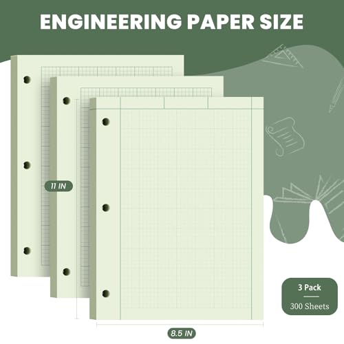 Engineering Paper 8.5 x 11, 3 Pack Engineering Notebook, 5x5 Quad Ruled | 3-Hole Punched Graph Paper, Top Binding Green Engineering Computation Pad 8.5 x 11, 100 Sheets/Pad Engineering Paper Notebook - style: 3 Pack - 300 Sheets