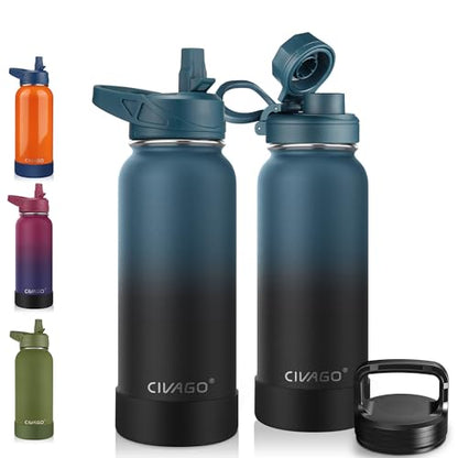 CIVAGO 32 oz Insulated Water Bottle With Straw, Stainless Steel Sports Water Cup Flask with 3 Lids (Straw, Spout and Handle Lid), Wide Mouth Travel Thermal Mug, Indigo Black - color: .Indigo Black, size: 32 Ounces