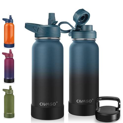 CIVAGO 32 oz Insulated Water Bottle With Straw, Stainless Steel Sports Water Cup Flask with 3 Lids (Straw, Spout and Handle Lid), Wide Mouth Travel Thermal Mug, Indigo Black - color: .Indigo Black, size: 32 Ounces