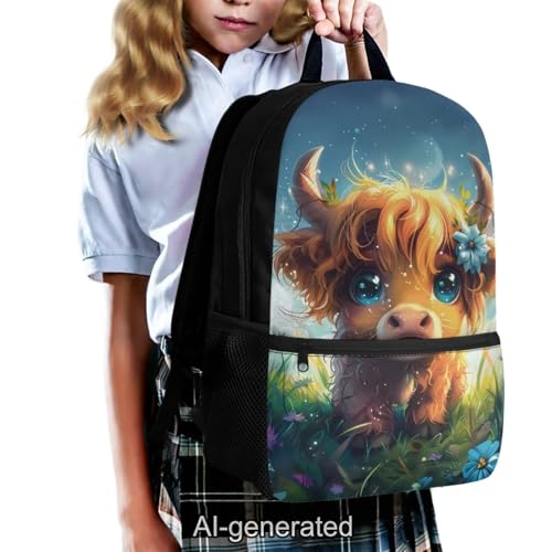 Cute Highland Cow Kids School Backpack Set with Lunch Bag Pencil Case and Water Bottle Carrier 5 Pieces Large Capacity Backpack for Travel and School - color: Cute Highland Cow
