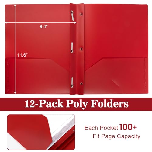 Plastic Folders with Pockets and Prongs,2-Pocket Folders with 3 Fasteners, Holds 8-1/2" x 11" Paper, Pastel Color (Bright Red, 12-Pack) - color: Bright Red, size: 12-Pack