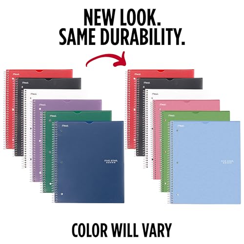Five Star Spiral Notebook + Study App, 6 Pack, 1 Subject, College Ruled, 8-1/2" x 11", 100 Sheets, Fights Ink Bleed, Customizable Water Resistant Cover, Assorted Colors (820045-ECM)