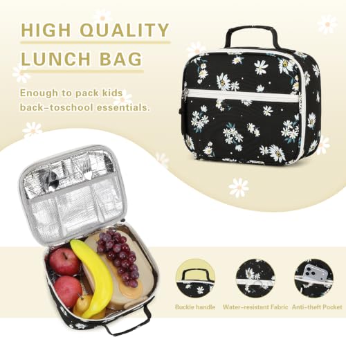 DIGOBAY Rolling Backpack for Girls, Cute Girls Backpack with Wheels, Kids Wheeled backpacks Set with Lunch Bag Pencil Case for Teen Girl, Roller School Bag with Wheels for Elementary Middle School - color: Black Daisy