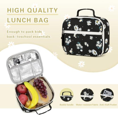 DIGOBAY Rolling Backpack for Girls, Cute Girls Backpack with Wheels, Kids Wheeled backpacks Set with Lunch Bag Pencil Case for Teen Girl, Roller School Bag with Wheels for Elementary Middle School - color: Black Daisy