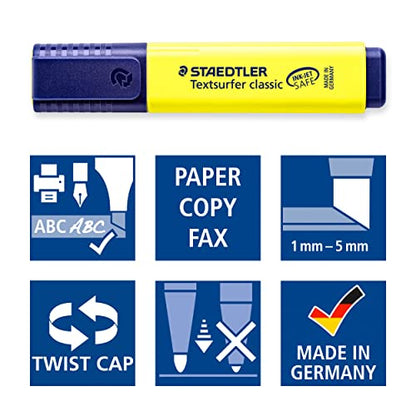 STAEDTLER Textsurfer Classic Highlighters - 4 Colors Rainbow Set with Stand, Ultra-Soft Chisel Tip, Fast-Drying Ink, Large Reservoir for Extended Use