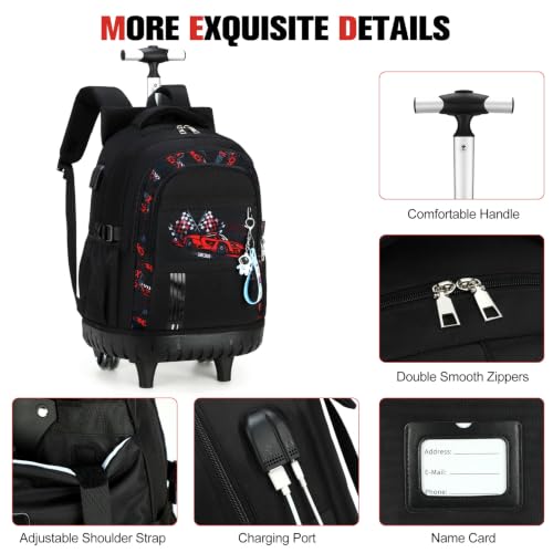 ACESAK Rolling Backpack for Boys, Kids Backpack with Wheels Portable with Insulated Lunch Box & Pencil Case, Multi-Pocket Roller Backpack for Preschool Kindergarten Kids Boys Travel(Red Car) - color: Red Car
