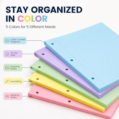 Koogel Wide Ruled Loose Leaf Paper, 8 x 10.5 Inch Filler Notebook Lined Paper, 5 Color, 3 Hole Punch Lined Writing Notebook for 3 Ring Binders for College Essentials School Office Supplies, 300 Sheets