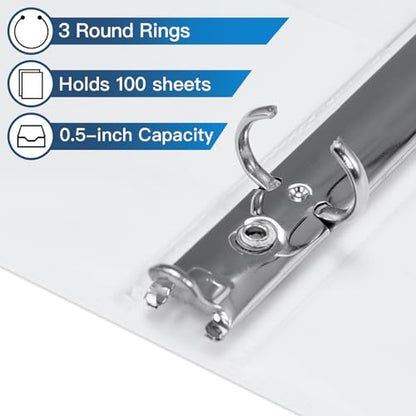 SUIN Bulk 12 Pack 0.5-inch 3 Ring Binders -Durable 1/2'' Binders with Roung Ring Binder, Large 100 Sheet Capacity, Fit 8.5" x 11" US Letter Size Paper, White (0.5'' White - 12 Packs) - size: 0.5'' White - 12 Packs