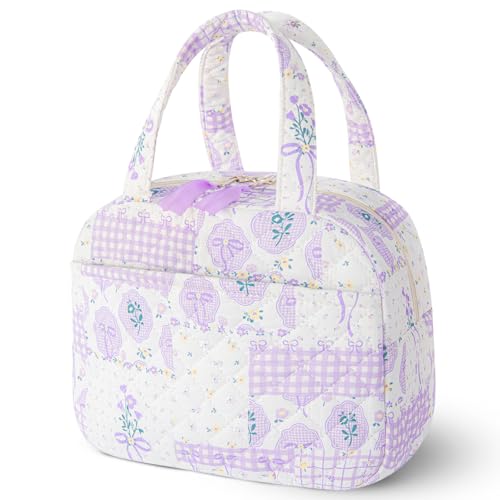 WOBAGMEN Quilted Lunch Box for Women,Coquette Aesthetic Lunch Box for Teen Girls,Cute Purple Bow Floral Lunch Bags for Work, School,Office,Picnic,Travel (Purple Bow Floral) - color: Purple Bow Floral