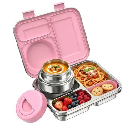 Stainless Steel Bento Lunch Box with 8oz Insulated Food Jar, 3 Compartment Metal Bento Lunch Container for Kids & Adults with Silicone Container and Food Thermo for Work & School, BPA-Free(Pink) - color: Pink