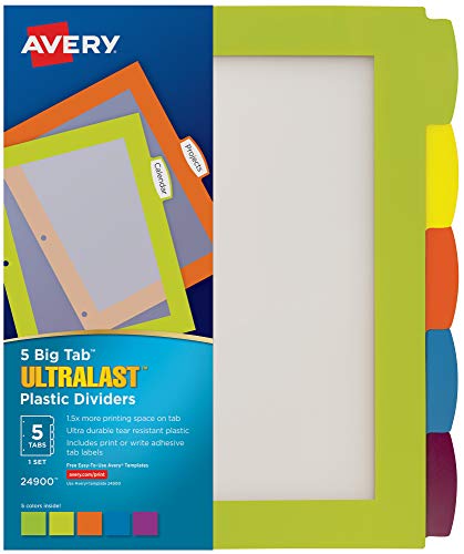 Avery Ultralast Big Tab Plastic Dividers for 3 Ring Binders, 5-Tab Set, Multicolor with White Labels, 1 Set (24900) - size: 5 Tab, style: 1 Set