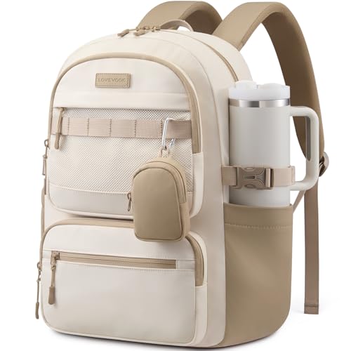 LOVEVOOK College Laptop Backpack, 15.6" Padded Daypack Trolley Sleeve, 14 Pockets, Waterproof Work Bag for Nurse Teacher Office Daily Commute with Accessory Pouch - color: Beige - Khaki, size: 15.6 Inch