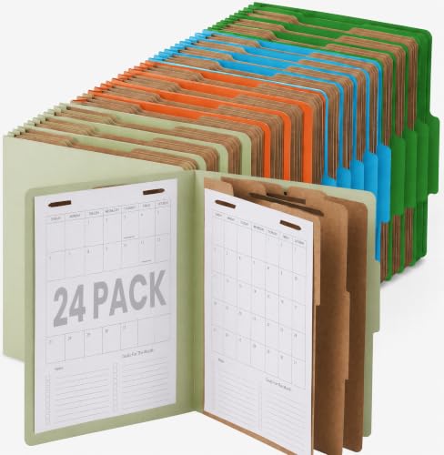 24pcs Multi-Color Classification Folders with 3 Dividers – 6 Each Color, Expandable 3.5" Gusset, Letter Size 8.5x11, Secure 2-Prong Fasteners, Office, School, Library, Home Organization