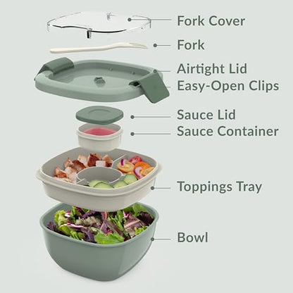 Bentgo Salad Container - 54 oz Bowl with 4-Compartment Toppings Tray, Leak-Proof Dressing Container, Reusable Fork, BPA-Free Lunch Box for Meal Prep & Food Storage; Removable Bento Tray (Khaki Green) - color: Khaki Green
