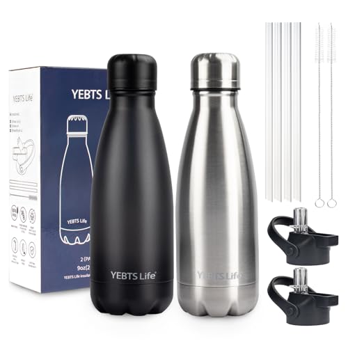Insulated Water Bottle, 2 Pack-9oz Stainless Steel Water Bottles with straw lid, Metal Sports Water Bottles for Boys,Girls, Double Wall Vacuum BPA-Free Flask for Sports (Black-Sliver) - color: Black-Sliver, size: 9 Ounces