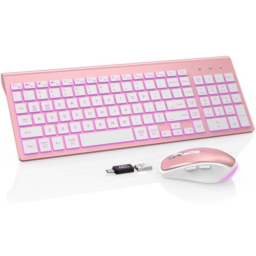SABLUTE Wireless Keyboard and Mouse Combo Backlit - Compact Quiet Keyboard with RGB Mouse, Rechargeable, Slim, Sleep Mode, Portable Cordless Keyboard Mouse Set for Mac, Windows, Laptop, PC (Rose Gold) - color: Rose Gold