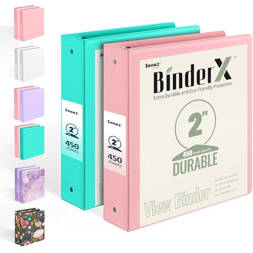 2 Pack BinderX Extra Durable 3 Ring Binder, 2 Inch Binder Round Ring, Fits 900 Sheets of 8.5x11 Paper, Customizable View Cover with Inside Pockets, Cute School Supplies for Girls, Pink & Aqua Blue - color: Pink & Aqua Blue, size: 2 Inch