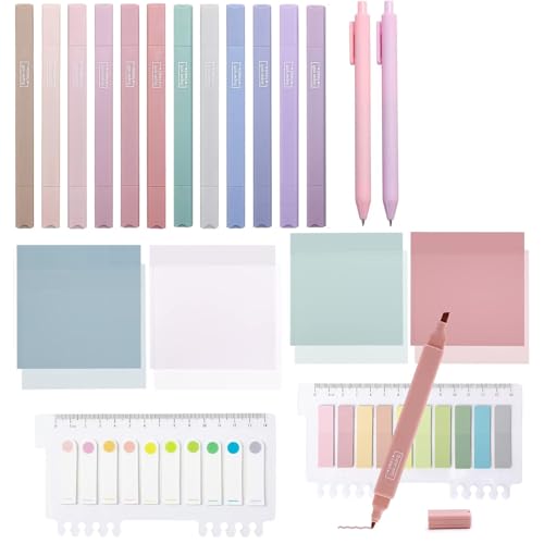 Bible Journaling Kit 12 Pastel Bible Highlighters Dual Tips and 2 Smooth Bible Pens, 400 Sheets Labels for Annotating Books, 200 Sheets 3 x 3 Inch Sticky Notes, Bible Study Kit for Office School