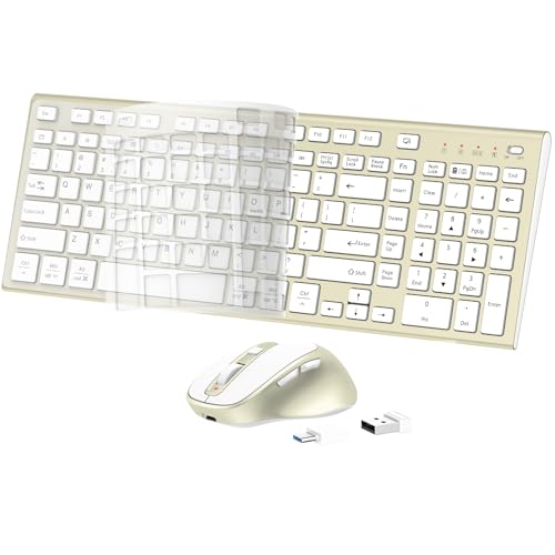 Wireless Keyboard and Mouse, USB Type C Rechargeable Slim Silent Keyboard Mouse, Compact Full-Size Keyboard with Number Pad and Cover for Windows, macOS, PC/Computer/Laptop - Gold - color: Gold