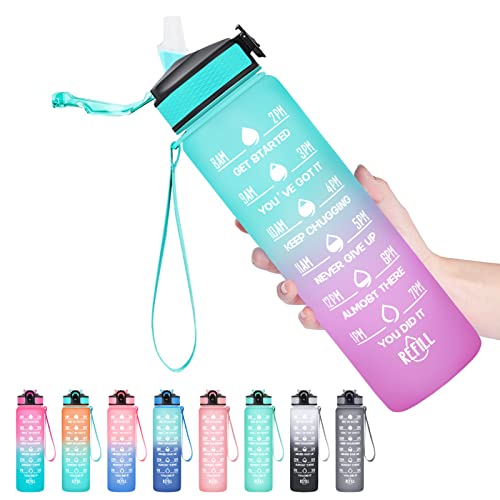 Hyeta Water Bottle with Straw & Time Marker, Plastic 32oz Leakproof | Motivational Tritan BPA Free Gym Office Outdoor Intake Tracker Hourly Reminder Straw Lid Carry Strap - color: Green-Purple