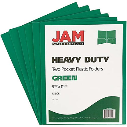 JAM PAPER Heavy Duty Plastic 2 Pocket Extra Tough School Folders - Green - 6/Pack - color: Green, size: 6 Per Pack