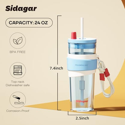 24oz Tritan Water Bottle with Straw and Silicone Sleeve, Blue Leak-Proof Aesthetic Tumbler with Portable Carrying Strap, BPA-Free Reusable Straw Cup for School, Office, Gym - color: Sea Salt Crystal