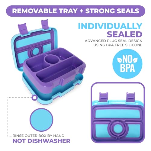 kinsho Bento Lunch Box, Boxes for Kids Toddlers Boys Girls, 4 Portion Divided Sections Secure Lid, BPA Free Removable Tray, Pre-School Kid Daycare Lunches Snack Container, Blue Purple Aqua 2 Pack Set - color: Blue Orange + Blue Purple Bentos