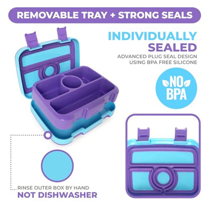 kinsho Bento Lunch Box, Boxes for Kids Toddlers Boys Girls, 4 Portion Divided Sections Secure Lid, BPA Free Removable Tray, Pre-School Kid Daycare Lunches Snack Container, Blue Purple Aqua 2 Pack Set - color: Blue Orange + Blue Purple Bentos