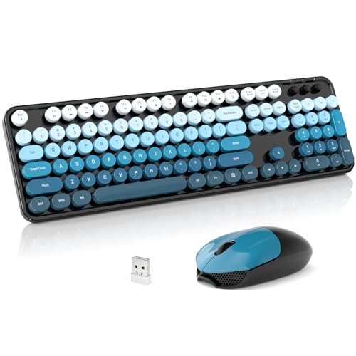 Wireless Keyboard and Mouse Combo, 2.4GHz Retro Full-Size Typewriter Keyboard with Number Pad and Wireless Mouse for PC/Laptop/Desktop/Windows (Black Blue) - color: Black Blue