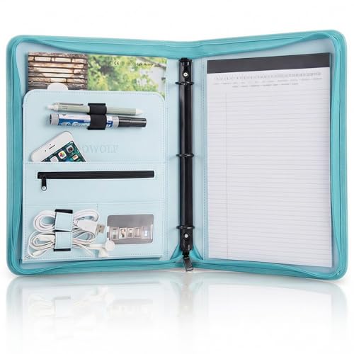 OOWOLF Padfolio Portfolio Folder, PU Leather Professional with 1 inch 3 Ring Binder 8.5 x 11 Letter Size Writing Pad Interview Resume Document Organizer Business Card Holder Zippered Closure Blue - color: Blue, size: 8.8 x 11 Inch