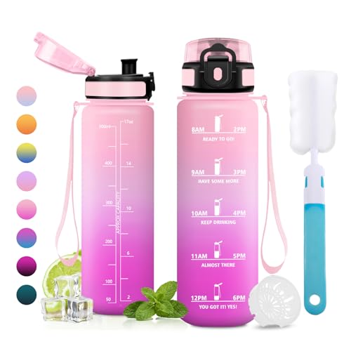 500ml Water Bottle BPA-Free Leak Proof Water Bottle with Filter and Time Indicator for Students School Office Gym - color: 500ml Light Pink + Pink, size: 16.9 Ounces