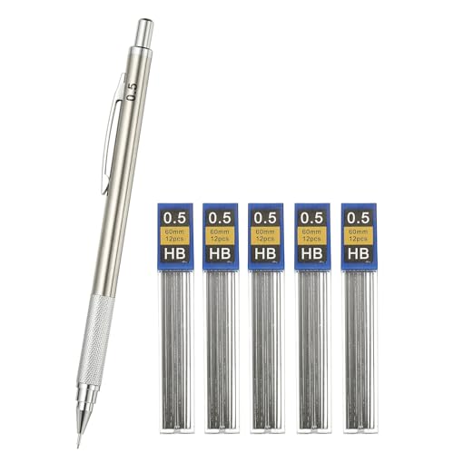 PATIKIL Mechanical Pencil 0.5mm, Lead Pencils Mechanical Holder Fine Point Automatic Metal Holder with 5Pcs Refills for Drawing Art Sketching Woodworking, Silver - color: Silver, size: 0.5mm
