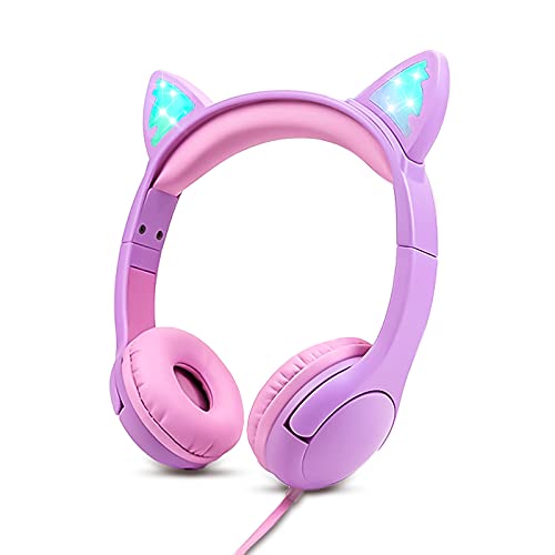 Olyre Kids Headphones, Safe 85db Volume Control Light Up Cat Ear Headphones Purple-Pink and All-Pink