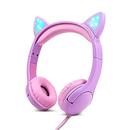 Olyre Kids Headphones, Safe 85db Volume Control Light Up Cat Ear Headphones Purple-Pink and All-Pink