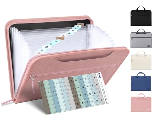 Sooez Heavy Duty Accordion File Organizer with Hidden Handle, Portable 12 Pockets Expanding File Folders, Cloth Monthly Bills Receipt Organizer for Letter/A4, School Classroom Home & Office Supplies | Durable Cloth Material, Portable Handle, Important Doc