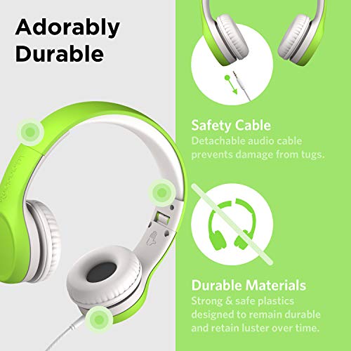 LilGadgets Connect+ Foldable Headphones, Adjustable Fit Soft Touch Padding for Kids with Mic, Volume-Limited & Noise Reduction On-Ear Wired Headset for School with SharePort - Green, Ages 3-14 - color: Green