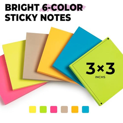 M&G 24 Pads Sticky Notes 3x3 Inch Self Sticky Notes 6 Bright Colors Easy to Stick Office and School Supplies for Home, Desk, and Notebook Use, 100 Sheets/Pad - style: Bright 6 Colors（2400 Sheets）