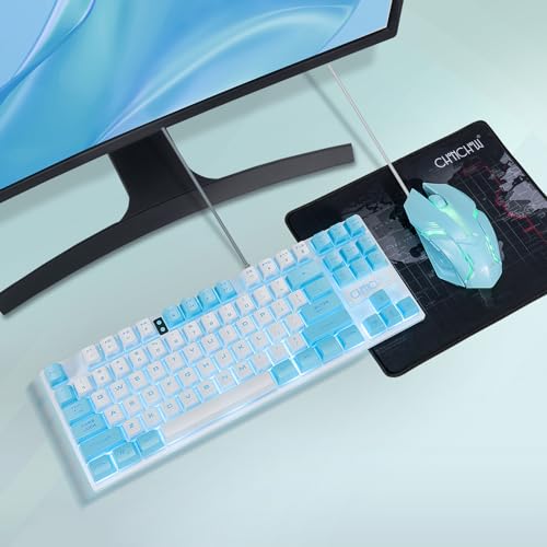 CHONCHOW Blue Keyboard and Mouse Combo, 87 Keys TKL USB Wired LED Light Up Backlit Keyboard, 800-3200 DPI RGB Mouse, Blue Mouse and Keyboard Combo for PS4 PS5 PC Laptop Mac Computers, Main White