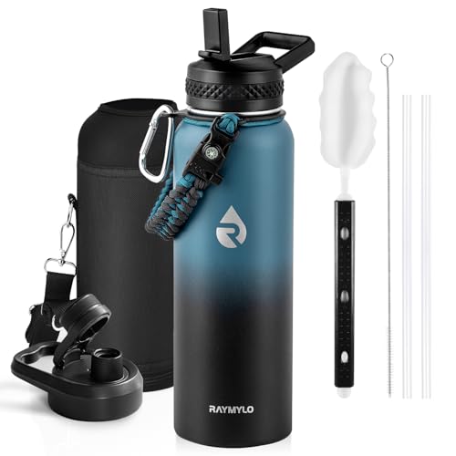 RAYMYLO Insulated Water Bottle 40 oz, Triple Wall Vacuum Stainless Steel (Cold for 36Hrs, Hot for 18Hrs), Leak Proof & Non-BPA, Modern Water Flask Jug with Paracord Handle & Straw Spout Lids - color: Indigo/Black, size: 40 Ounces
