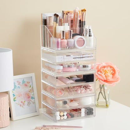 STORi Stackable Desk Organizer, Clear Pen Pencil Makeup Brush Holder for Desktops and Vanities, 6 Compartment Caddy (Made in USA) - style: Organizer Top
