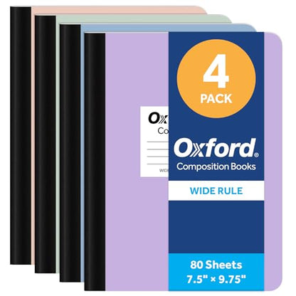 Oxford Composition Notebooks, 4 Pack, Wide Ruled, 80 Sheets, Pastels | Sewn binding keeps all 160 pages in place. Conversion chart and class schedule inside. Color coded covers for each subject.