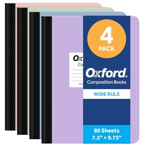 Oxford Composition Notebooks, 4 Pack, Wide Ruled, 80 Sheets, Pastels | Sewn binding keeps all 160 pages in place. Conversion chart and class schedule inside. Color coded covers for each subject.
